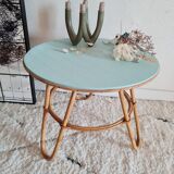 Vintage rattan coffee table round blue top
