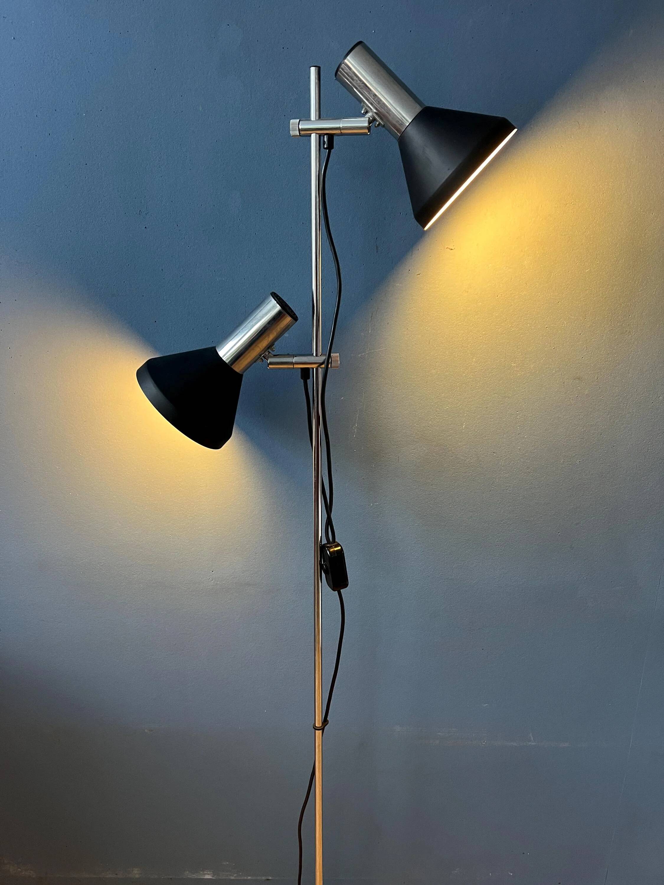 Mid-century black vintage floor lamp with two aluminium spots.