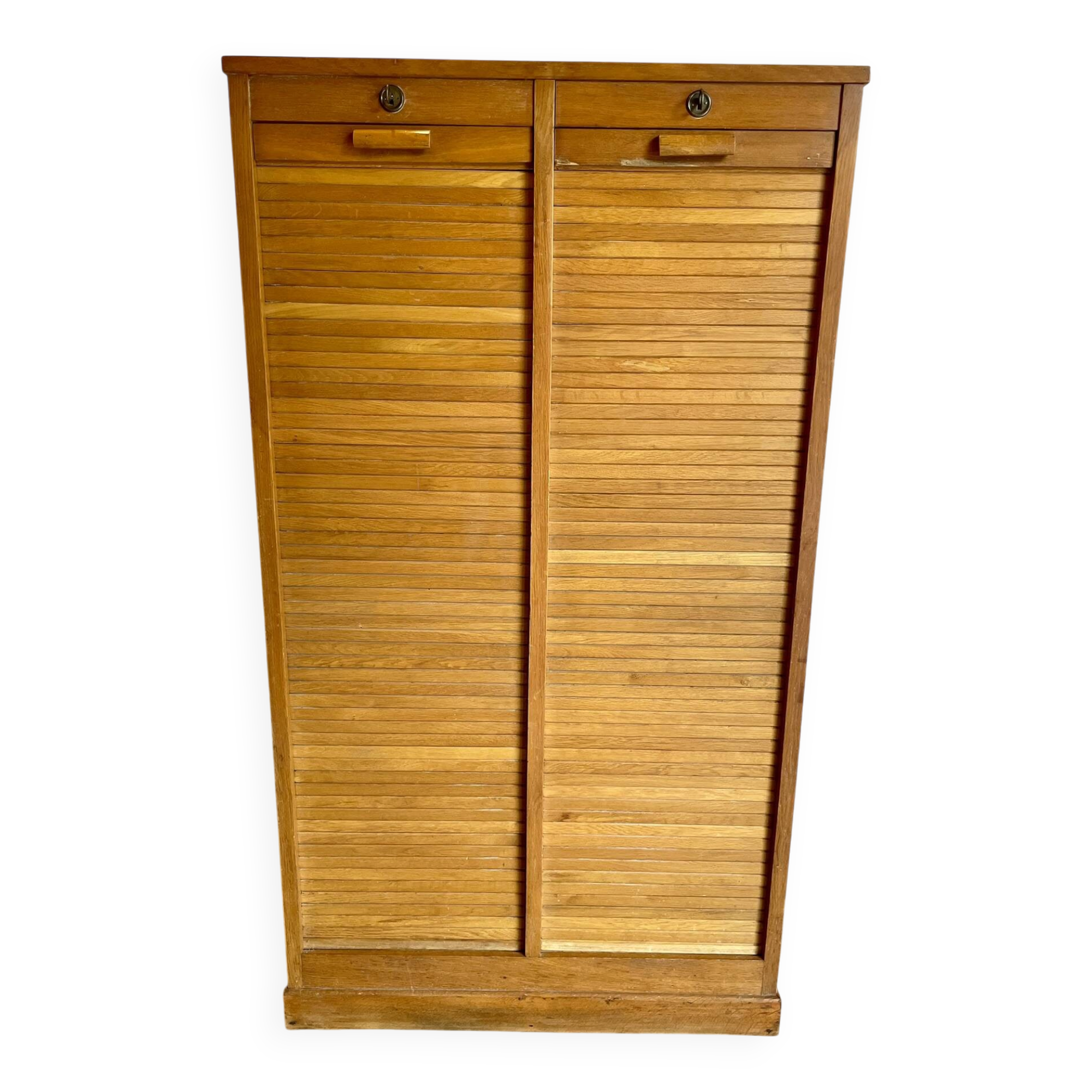 Vintage filing cabinet with double curtains, oak, Charles Schneider, Betschdorf.
