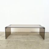 Table basse minimaliste 70s – verre bronze & alu