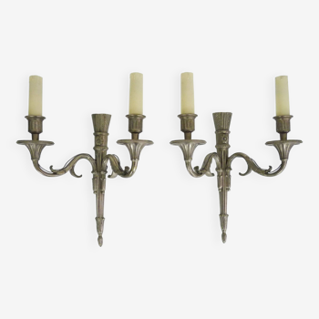 Pair of empire style double light wall lights in silvered bronze. the 50's