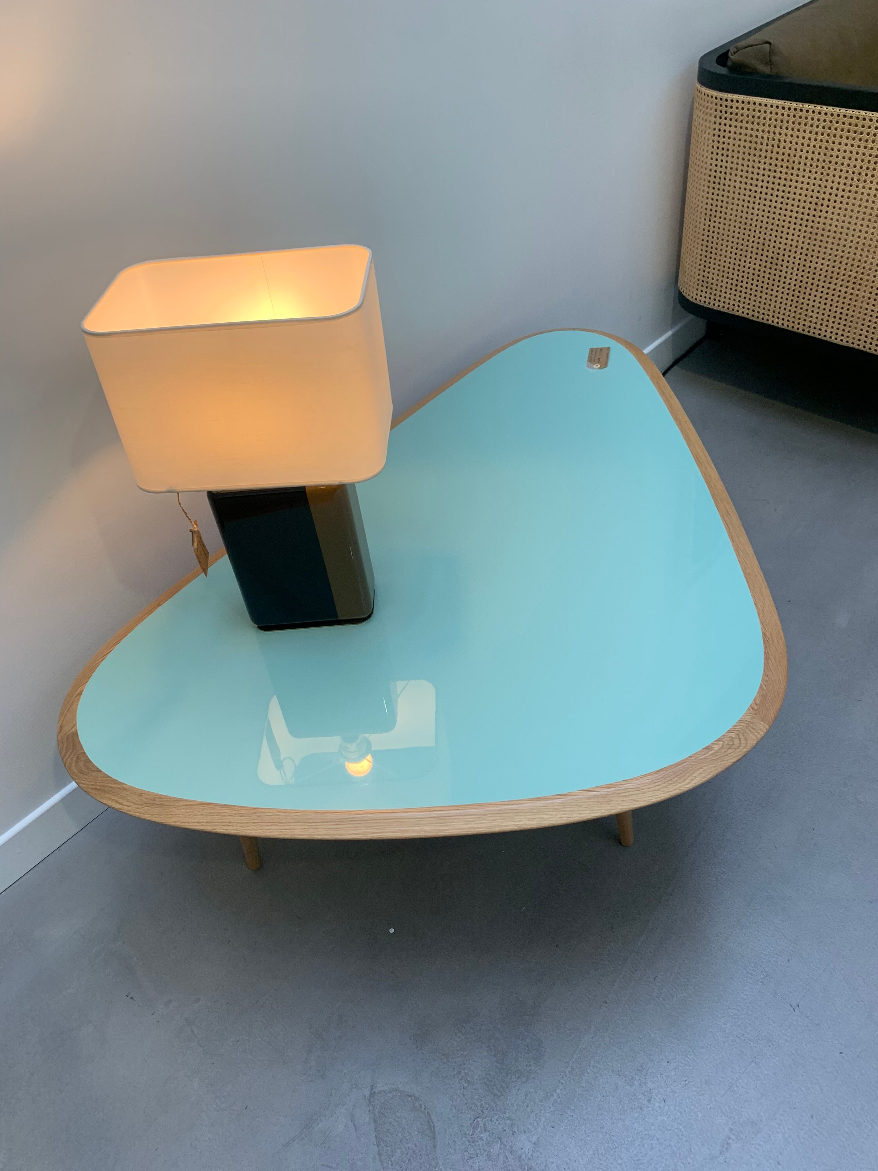 Coffee table 50s, oak - top in lacquer mineral green