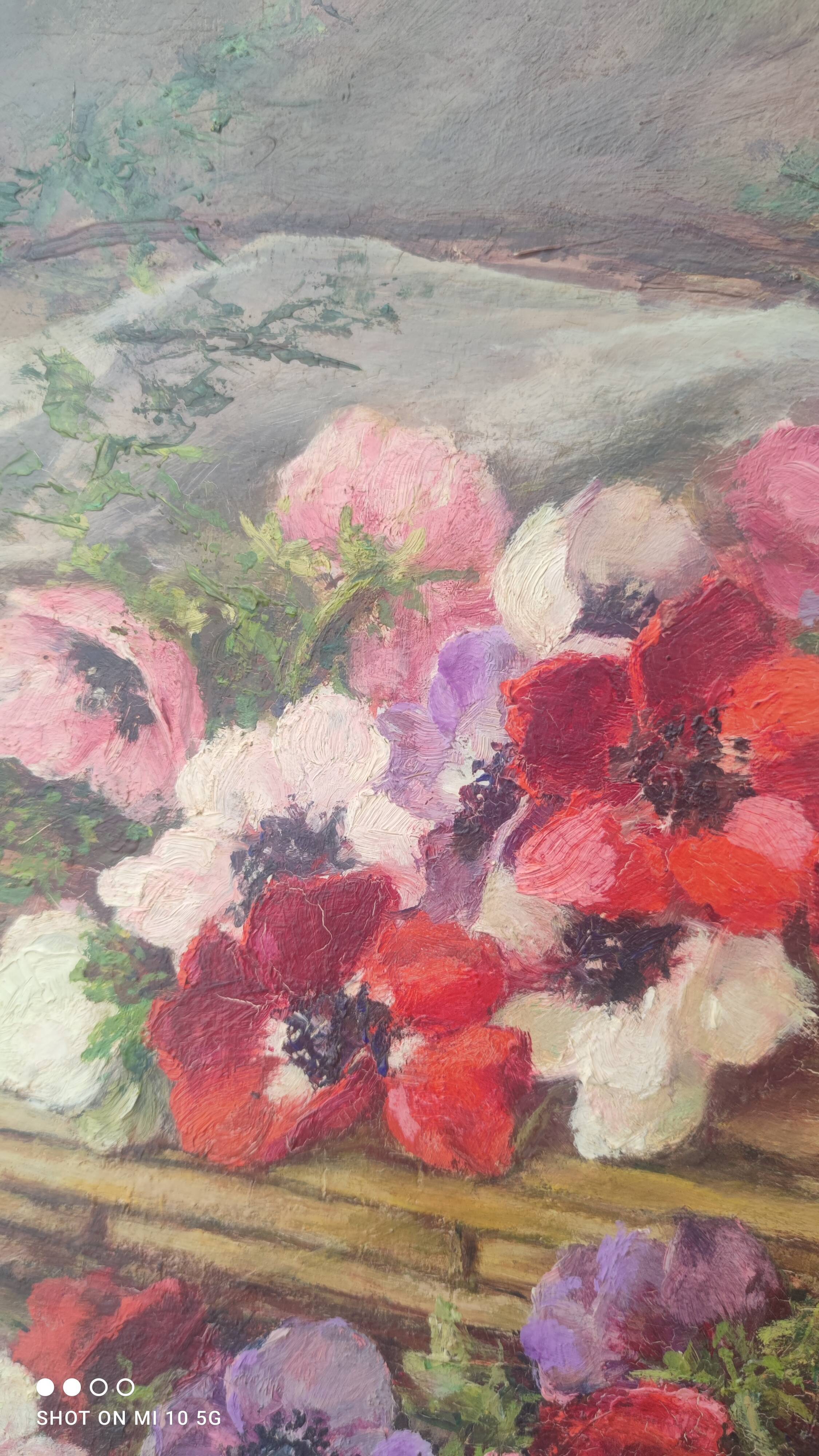 Still life painting, bouquet of flowers, oil on wood by Lillie Honnorat