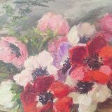 Still life painting, bouquet of flowers, oil on wood by Lillie Honnorat