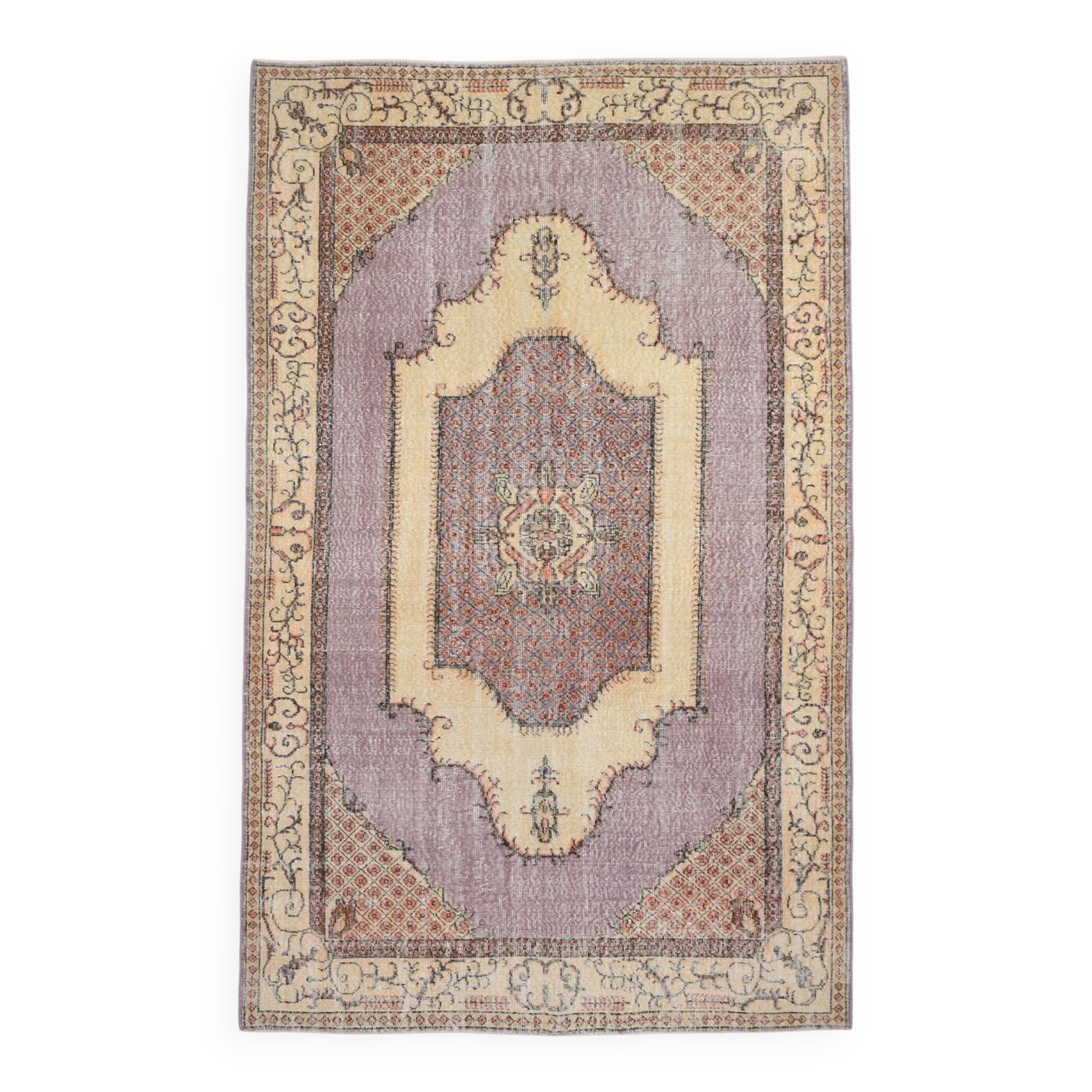 Tapis persan vintage boho oriental lilas et beige, 176x282 cm
