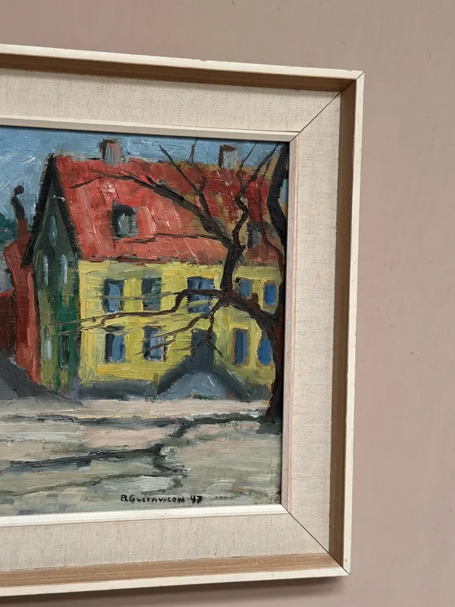 Original Swedish Oil on Panel – “Urban Landscape” by B. Gustavson – Signed – Dated 1947 – Vintage & Framed