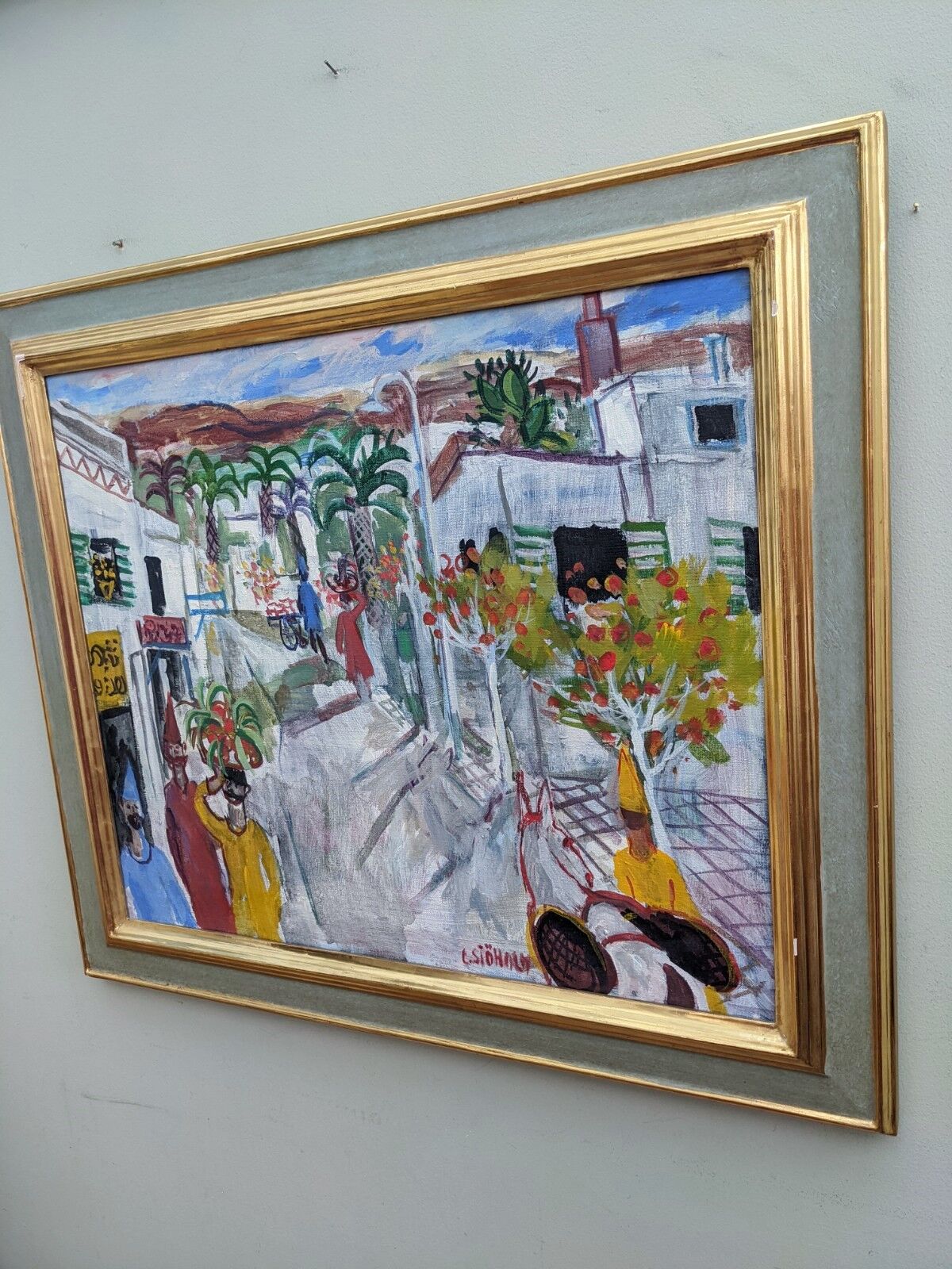 Tableau ancien « shophouses » scène de rue paysage peinture à l’huile, encadré