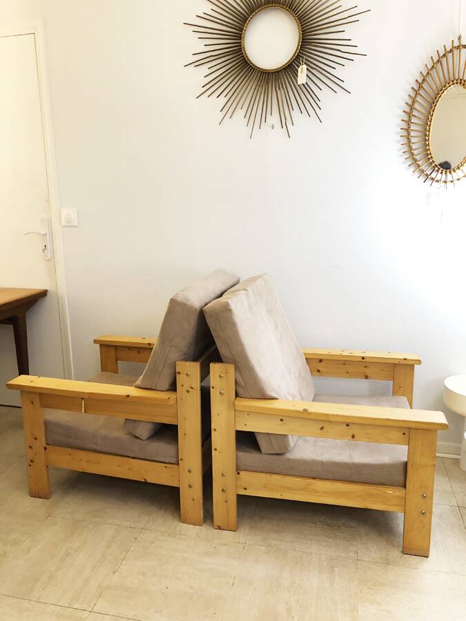 Pair of Scandinavian pine armchairs, 1970