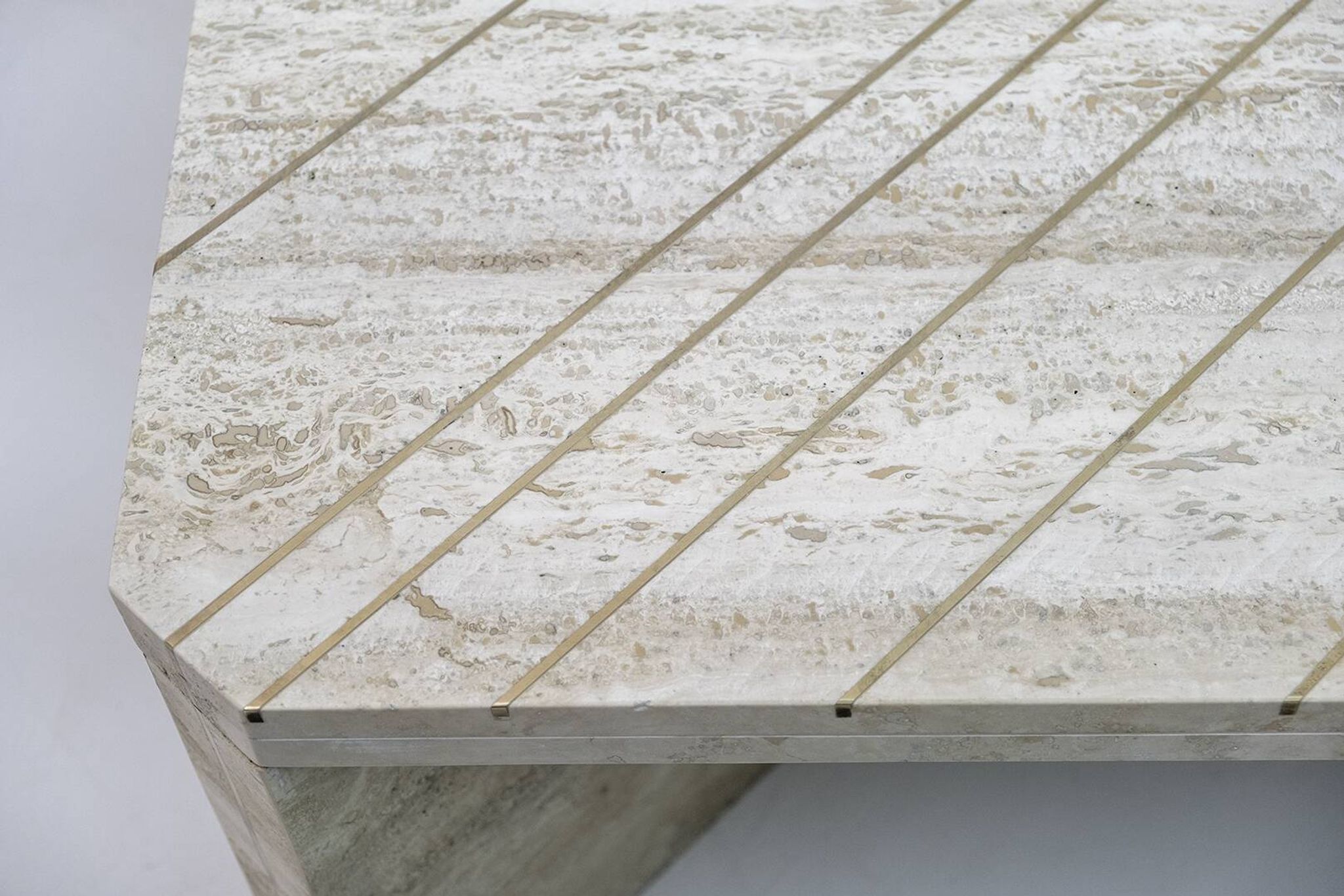 Mid-Century Italian Travertine Coffee Table with Brass Inlays, 70s