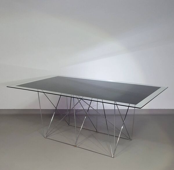 Table à manger en acier et verre par Max Sauze pour Max Sauze Studio, années 1970