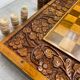 Chess and backgammon set in carved wood and marquetry