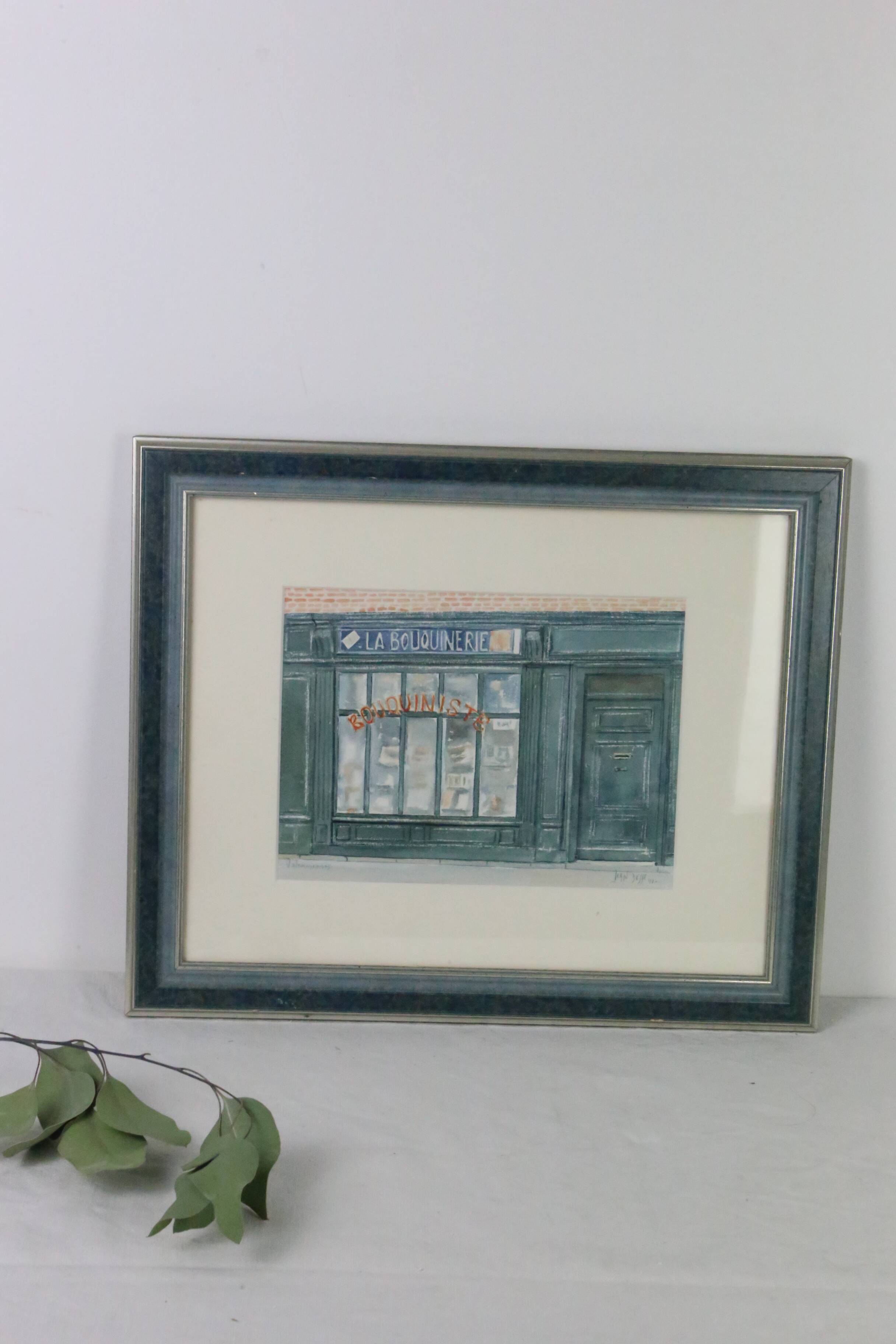 Watercolor 'The Bookstore' by Jean Desse, 1991