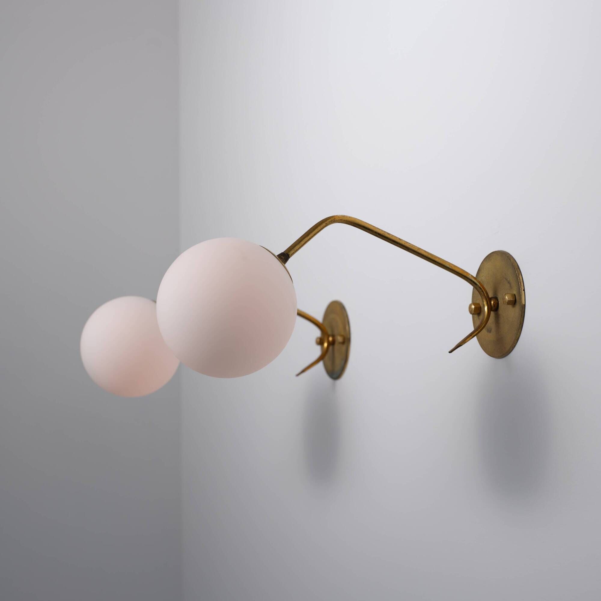Pair of 1950s Italian Brass Sconces with Opaline Glass Globes