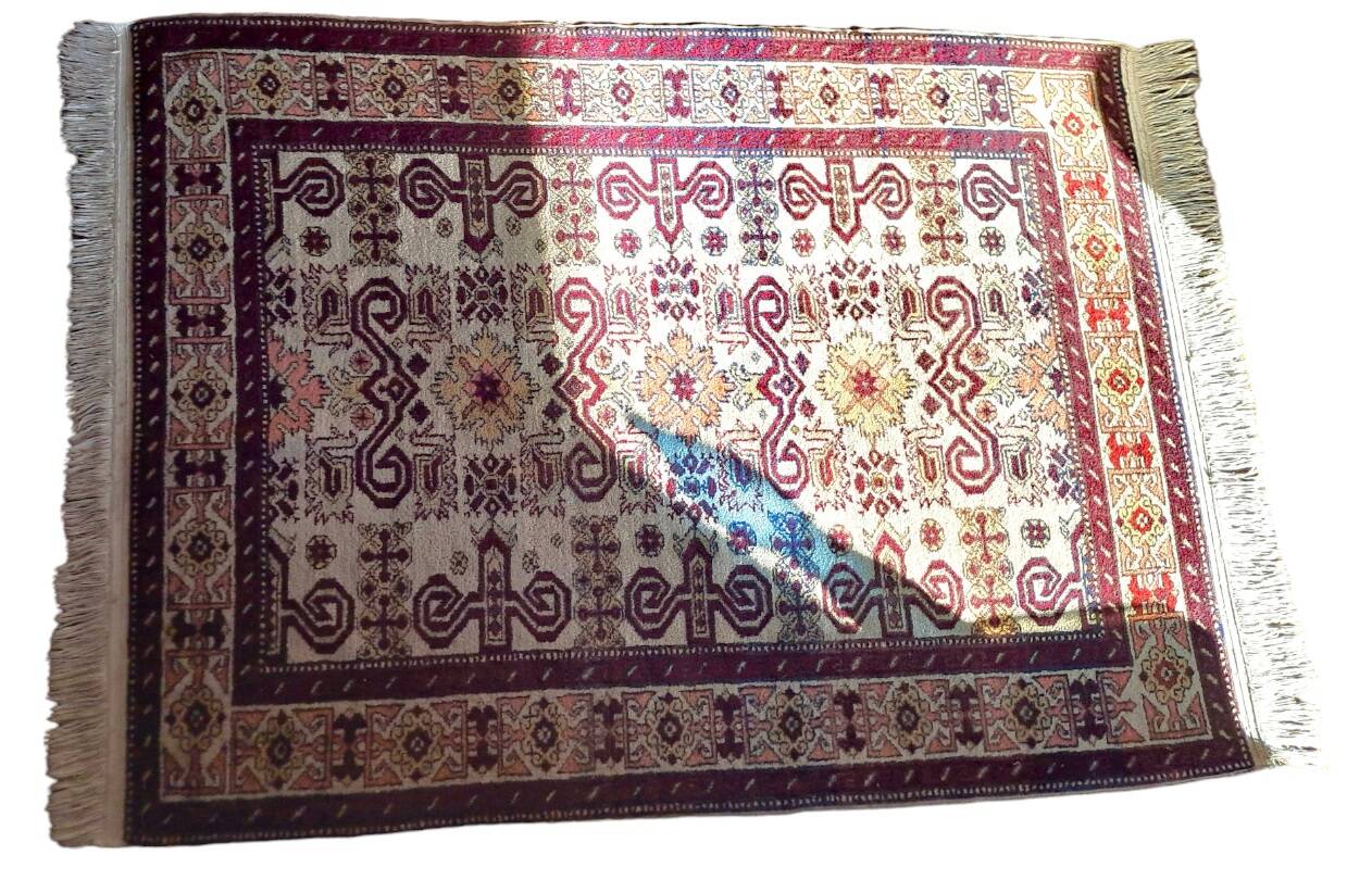 Shirvan urss oriental rug wool handmade rectangular 1940 burgundy and ecru with fringes 100% wool