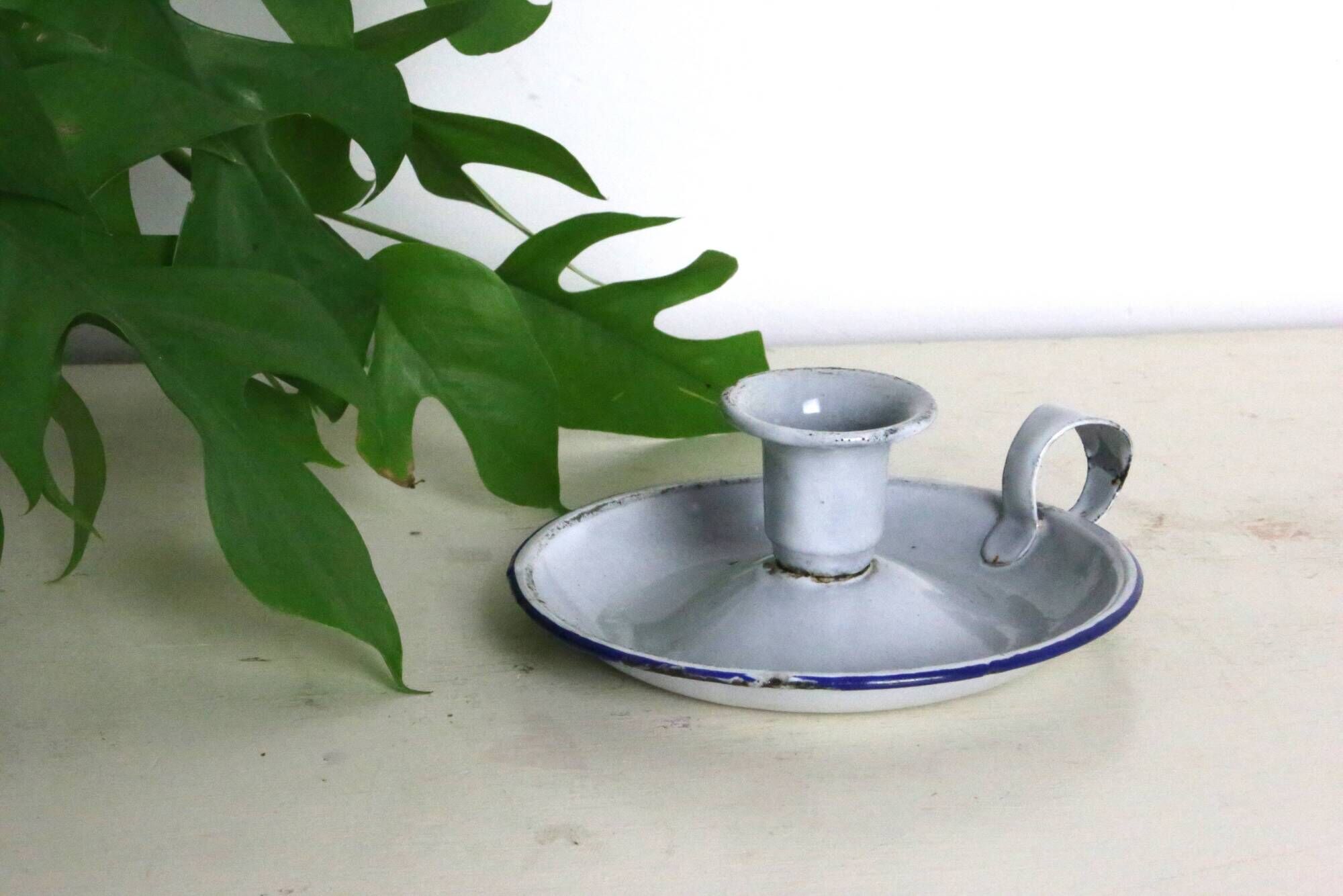 Gray and blue cellar rat candle holder, enameled metal, vintage