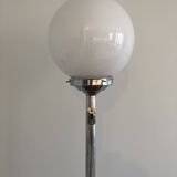 Globe floor lamp in opaline, wood and chrome metal