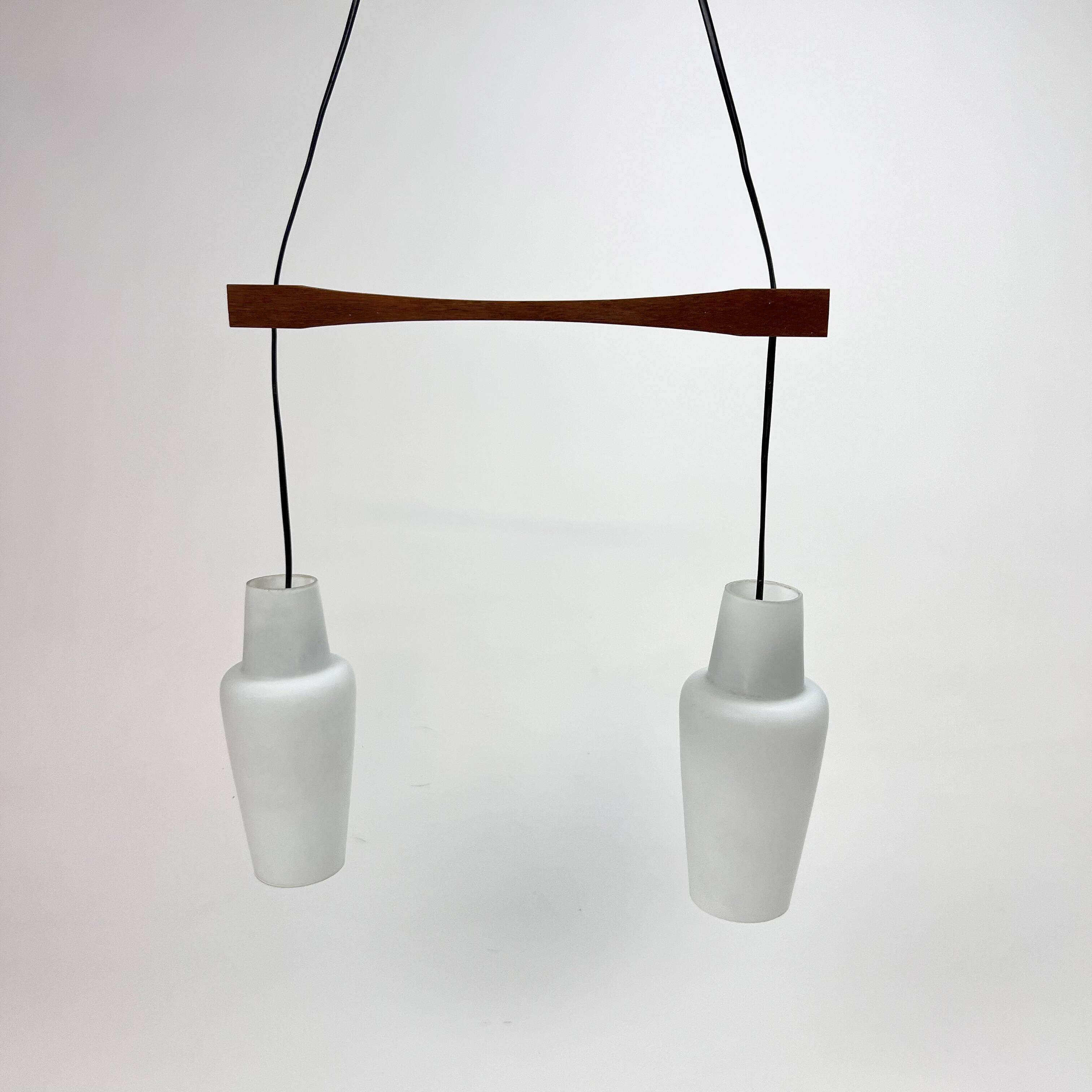 Danish Teak and White Glass Hanging Lamp, 1950s