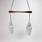 Danish Teak and White Glass Hanging Lamp, 1950s