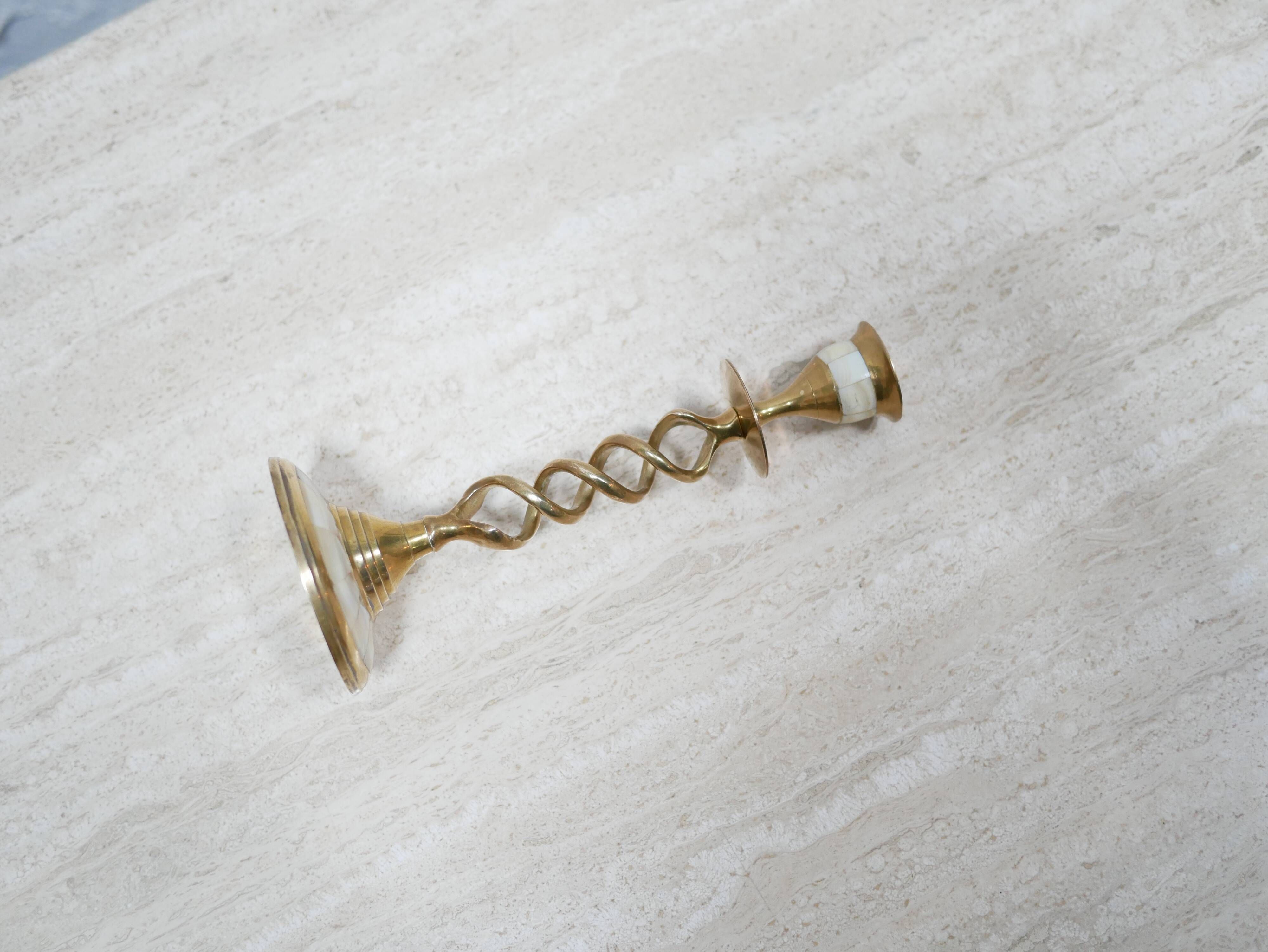 Vintage candle holder in brass and mother-of-pearl