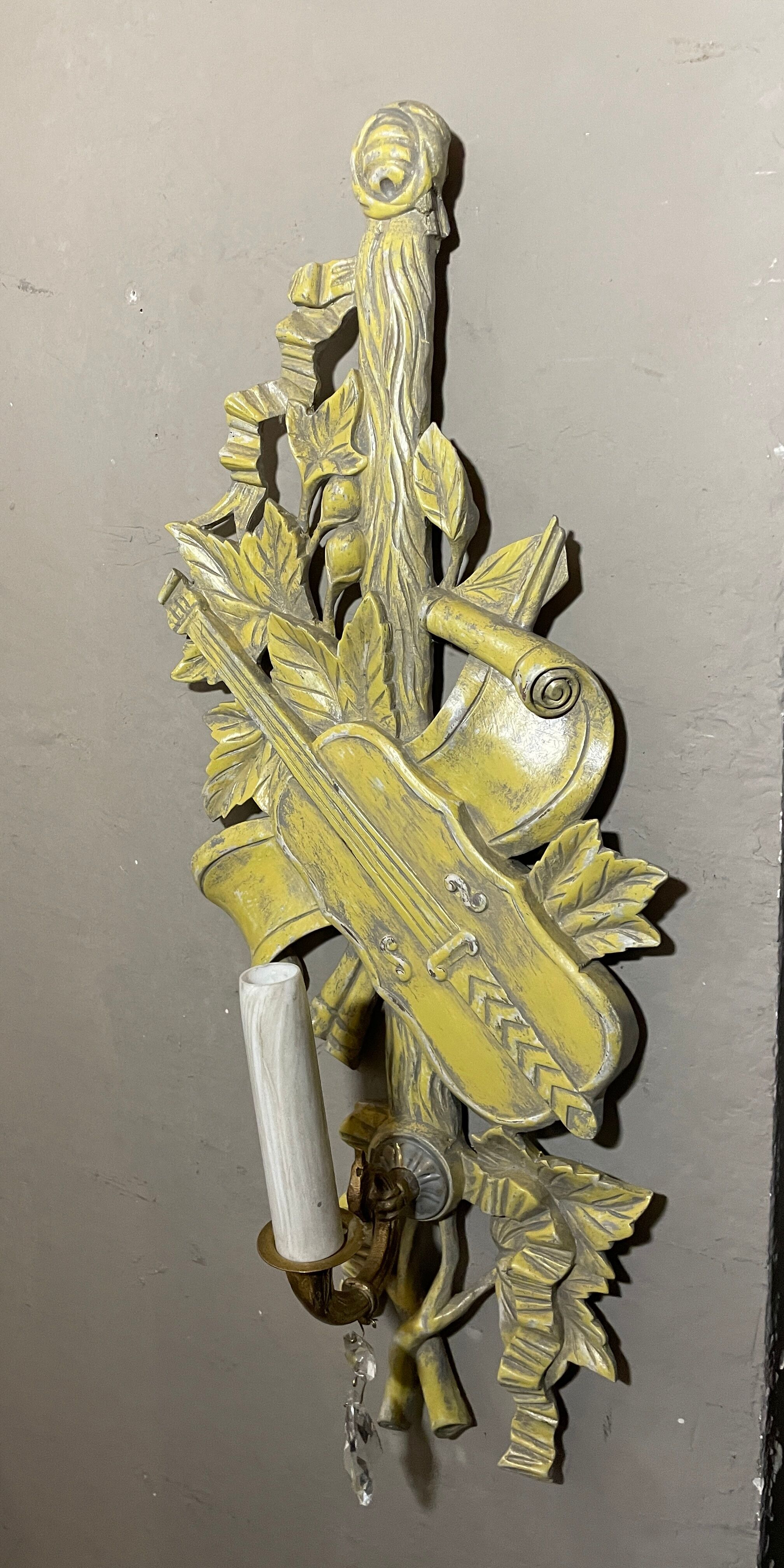 Walnut wood wall lamps, painted in yellow patina grey