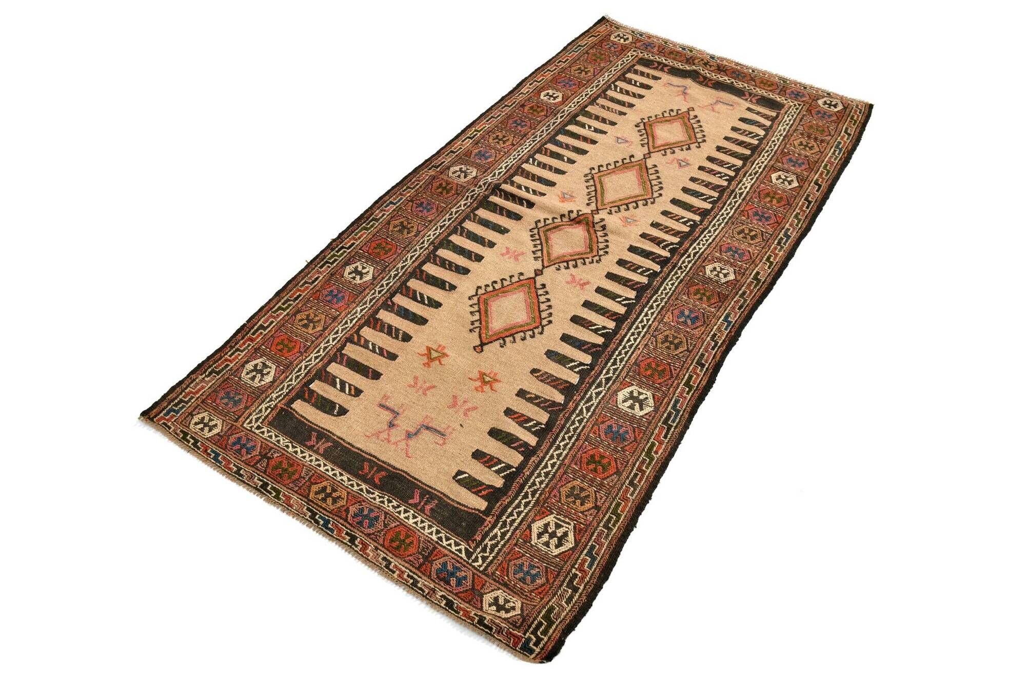 Ivory & Brown Turkish Vintage Kilim Rug, 99x197Cm