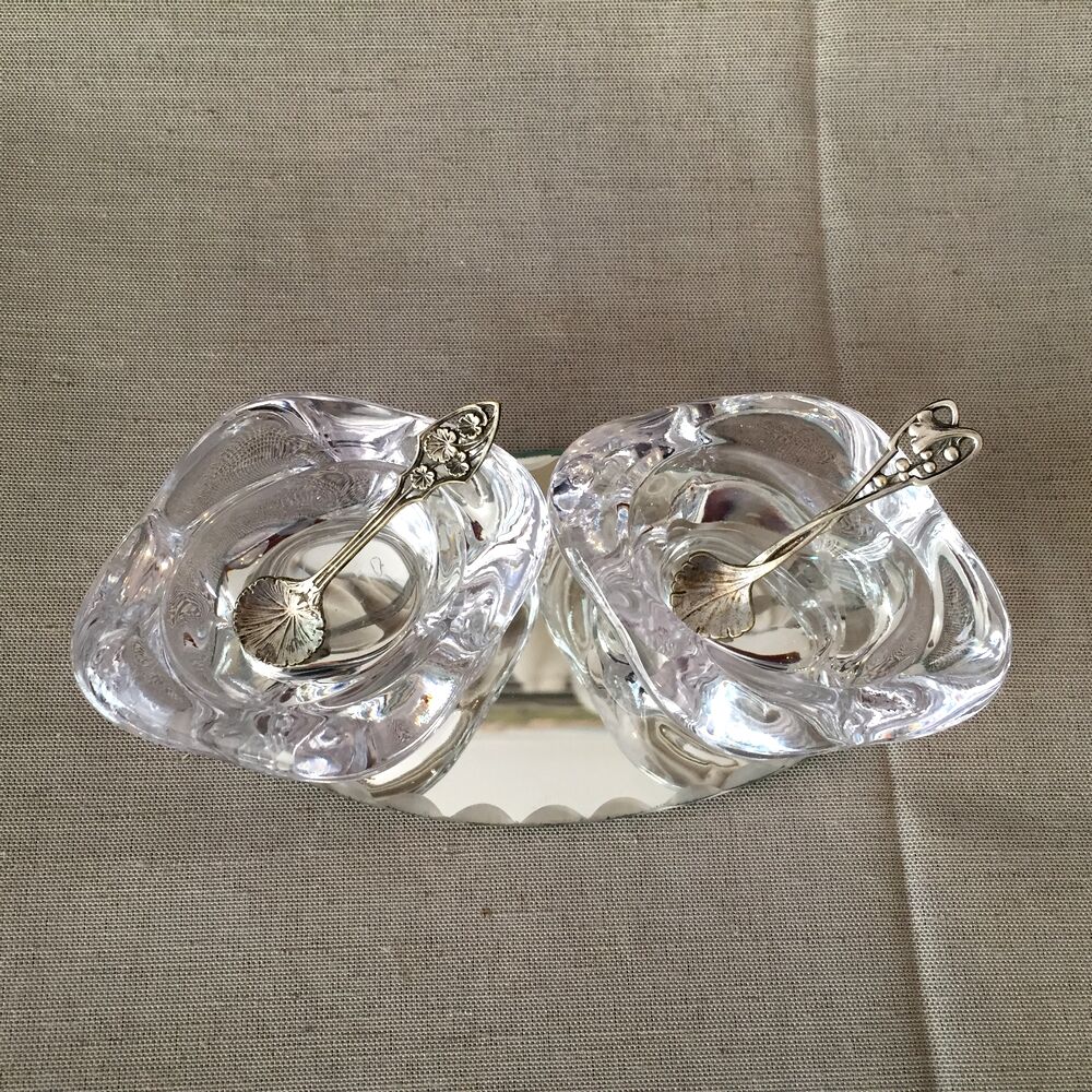 DUO OF CRYSTAL SALTERS SMALL SILVER METAL SPOONS