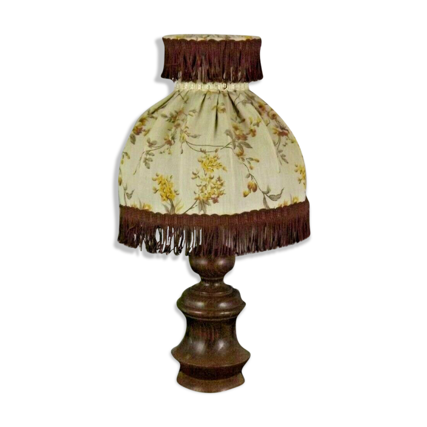 Lampe en bois vintage français tourné avec abat-jour à franges en tissu floral 3176