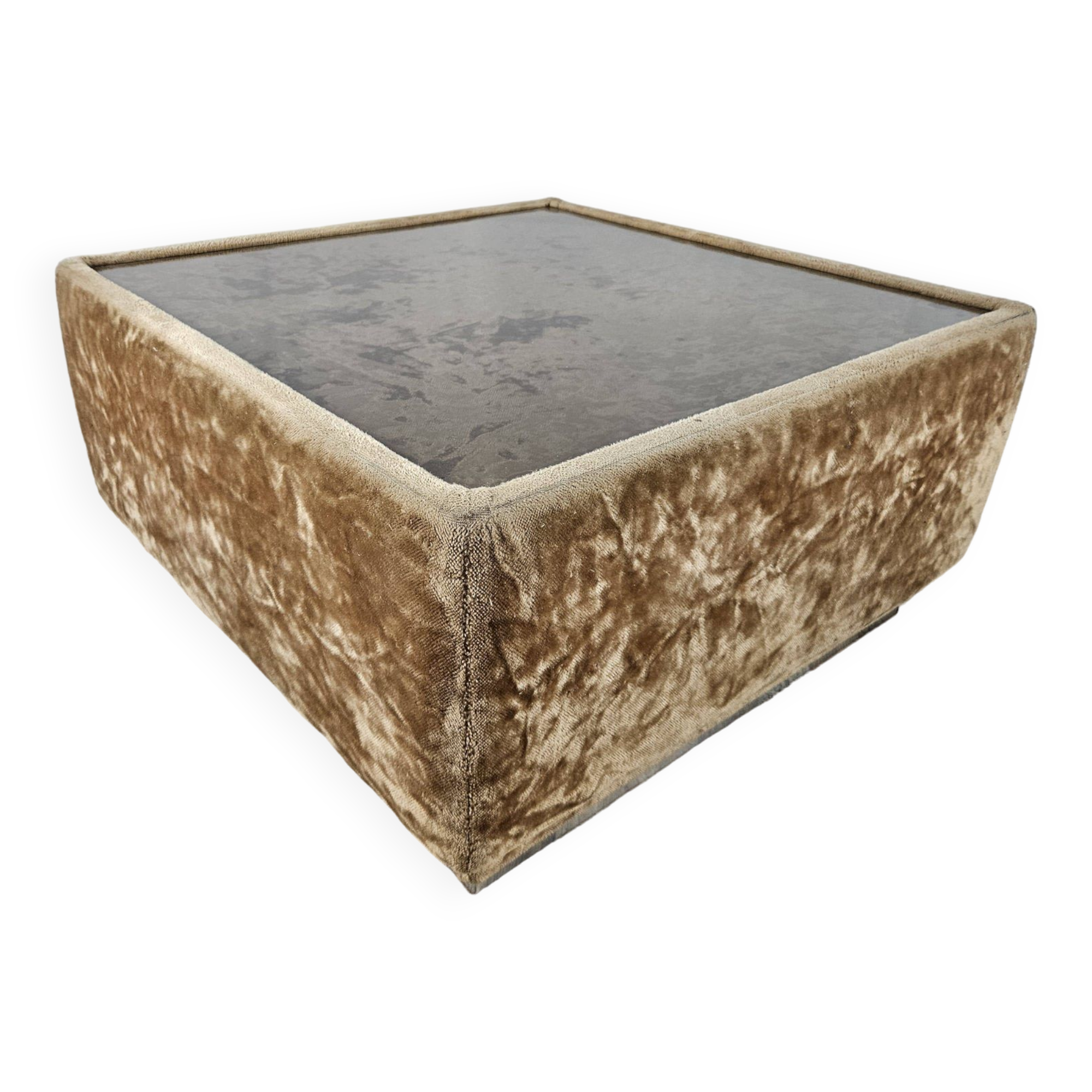 1970s coffee table covered in fabric with glass top
