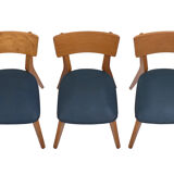 Set de 3 chaises vintage 1960 Monobloc pieds compas et skaï bleu canard