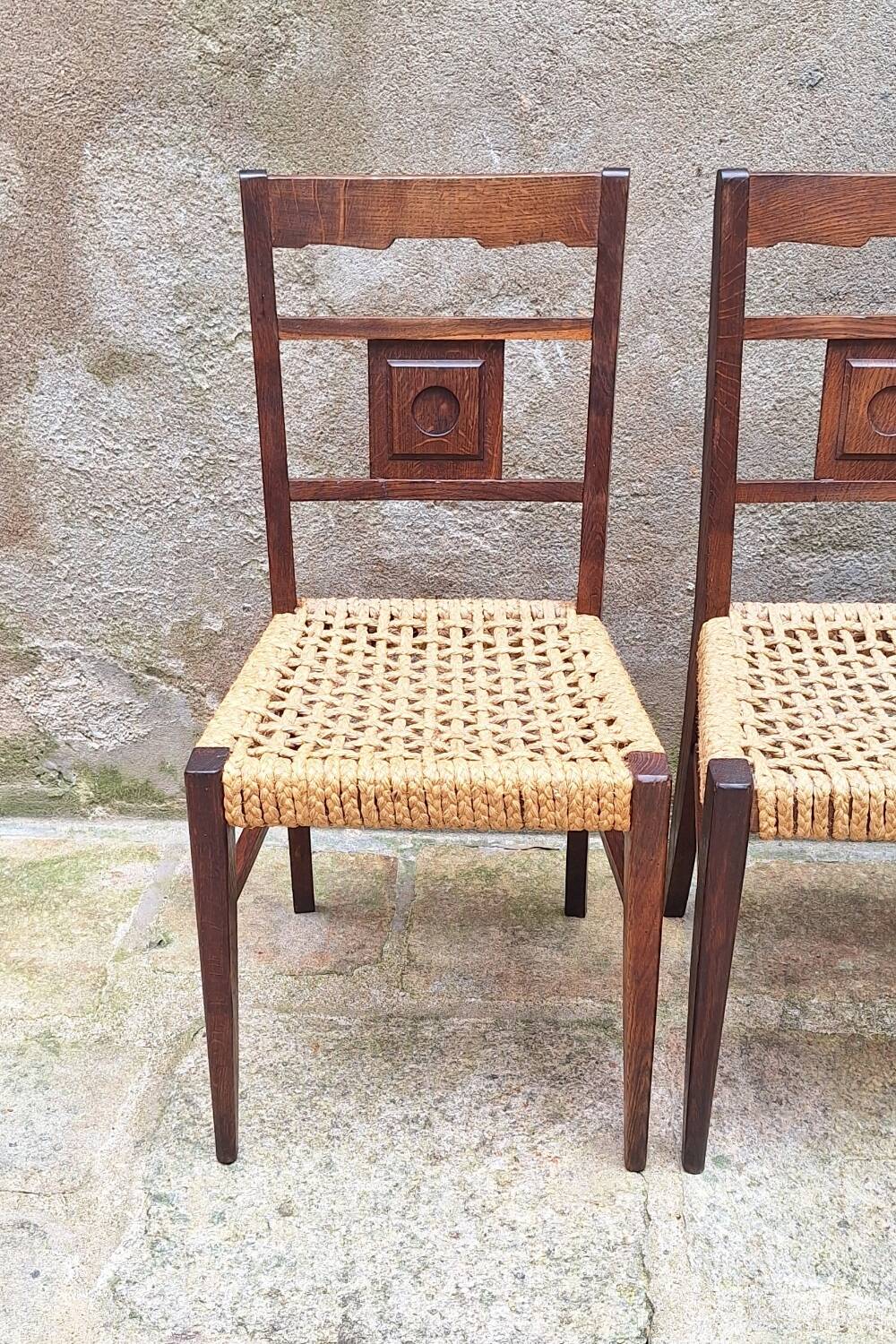 Set of 4 oak and rope chairs