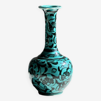 Mini turquoise soliflore vase with hand-painted patterns in black