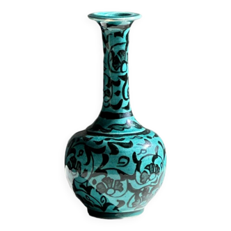 Mini turquoise soliflore vase with hand-painted patterns in black