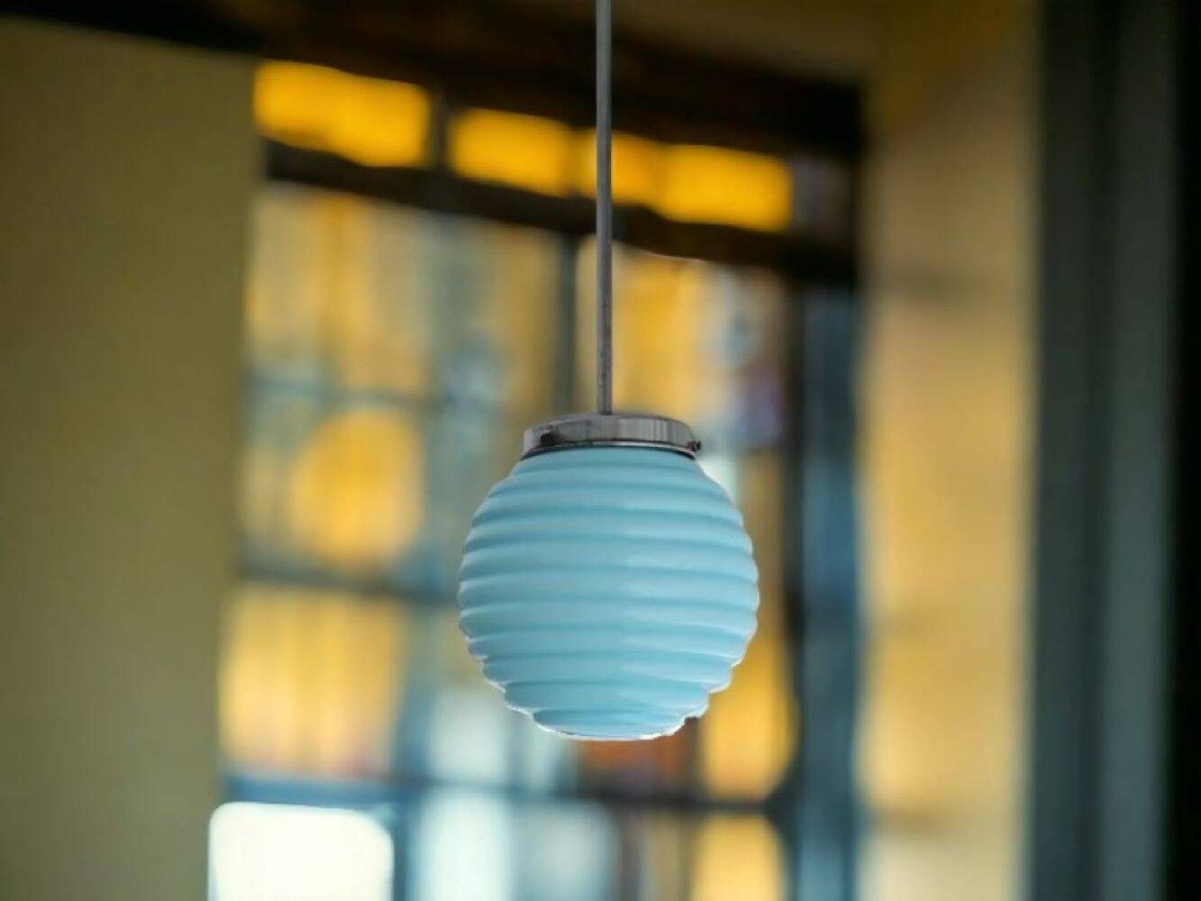 Vintage blue ribbed glass art deco hanging lamp 1950s