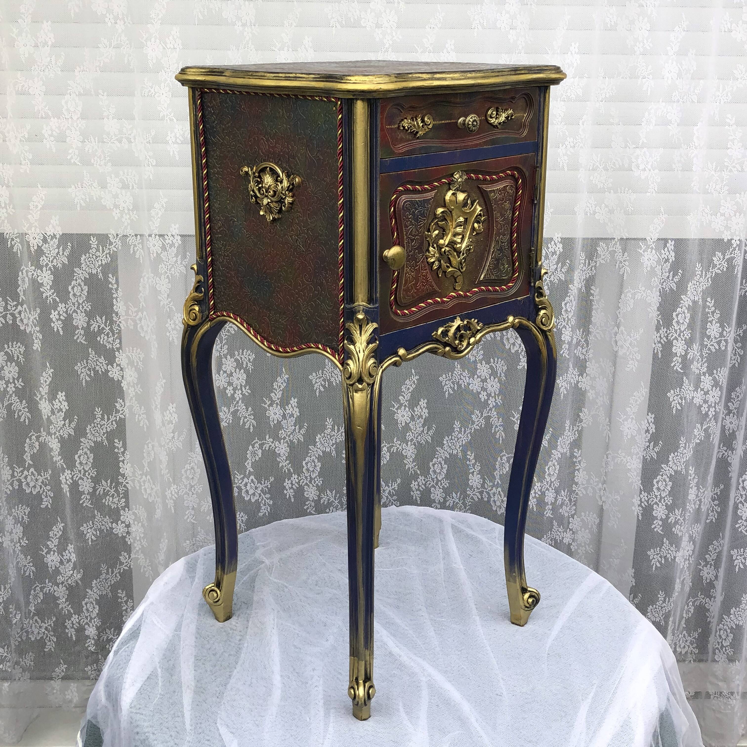 Classic revamped furniture – decorative blue and gold bedside table