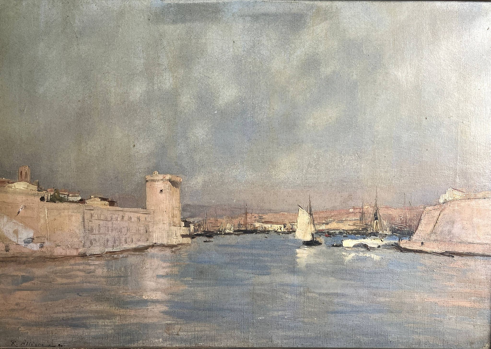 Allegre raymond, oil on canvas port of marseille signed dated 19th century