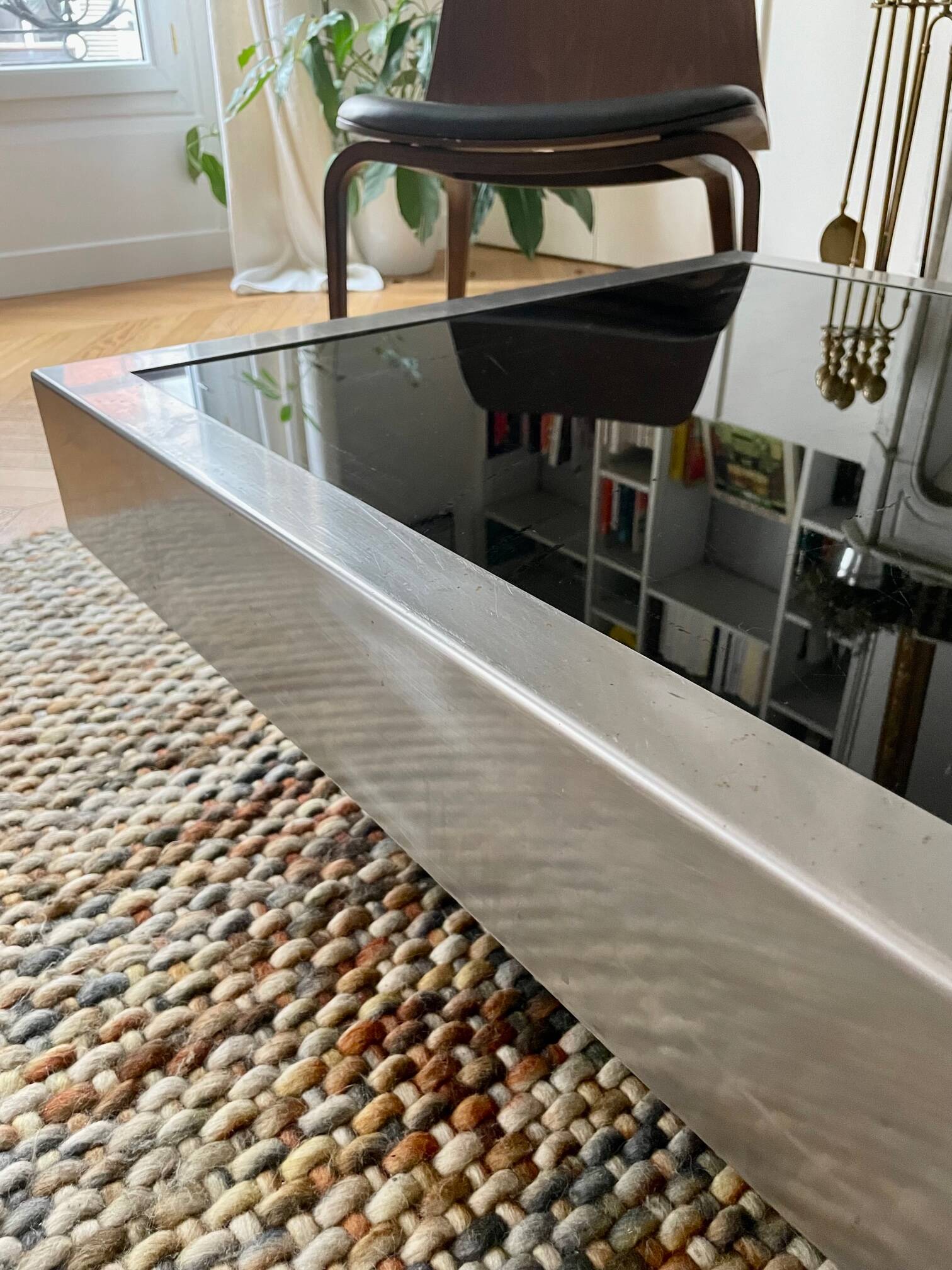 Coffee table – Black glass and brushed metal – 1970s