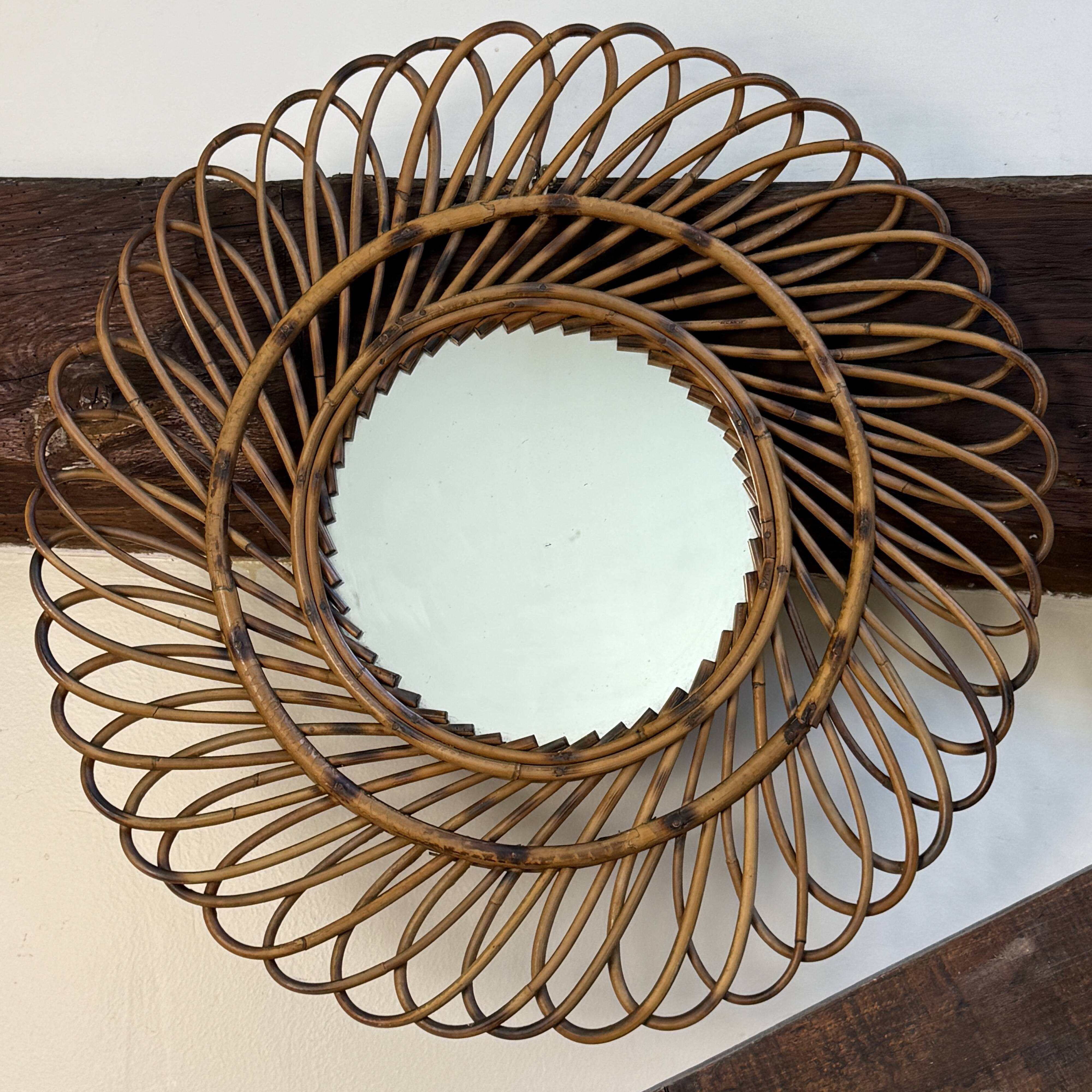 Round rattan mirror from the 1950s France