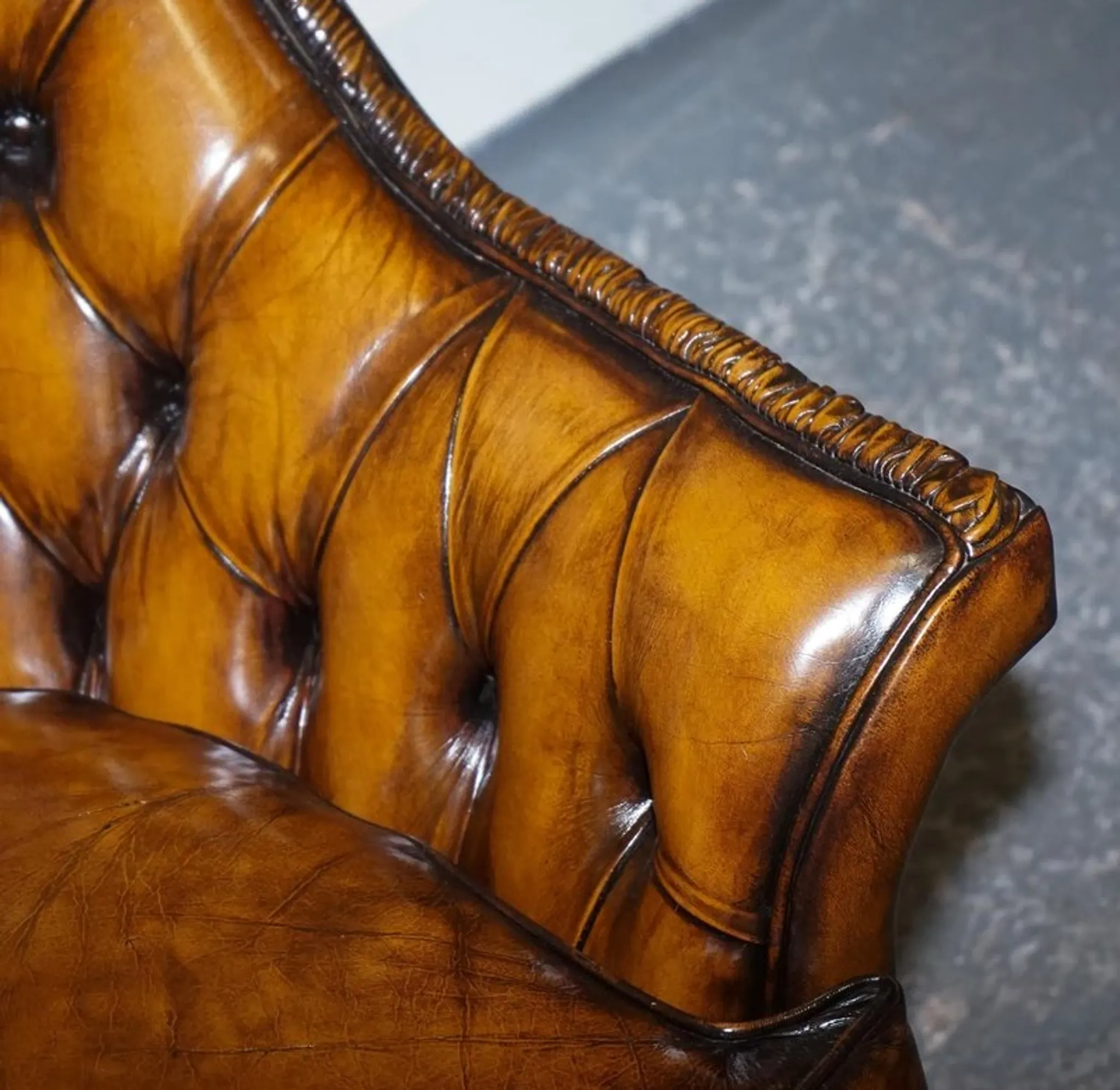 Brown Hand-Dyed Leather Chesterfield Armchairs with Pleated Front, Set of 2
