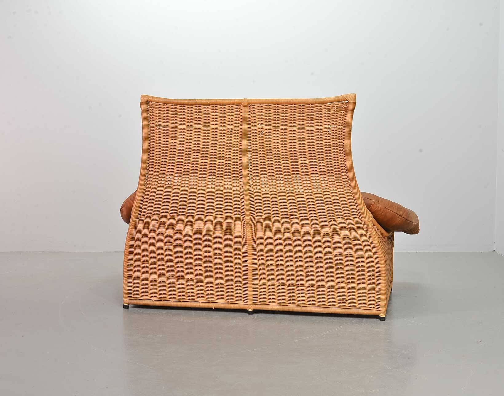 Gerard van de Berg Cognac Patchwork Leather 2-Seat Rockstyle Cane Sofa 70s