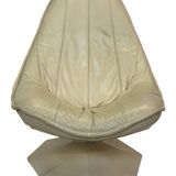 Fauteuil pivotant vintage en cuir crème avec pied octogonal Design 1970