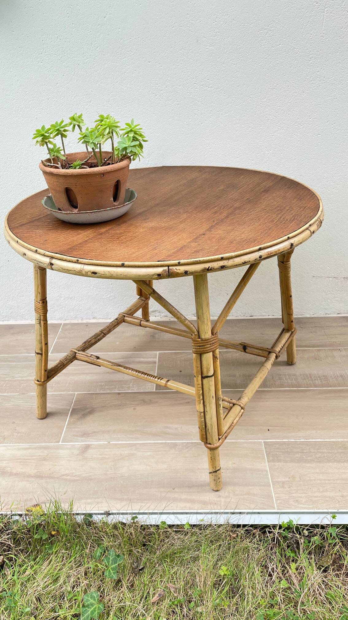 Round coffee table rattan and oak vintage