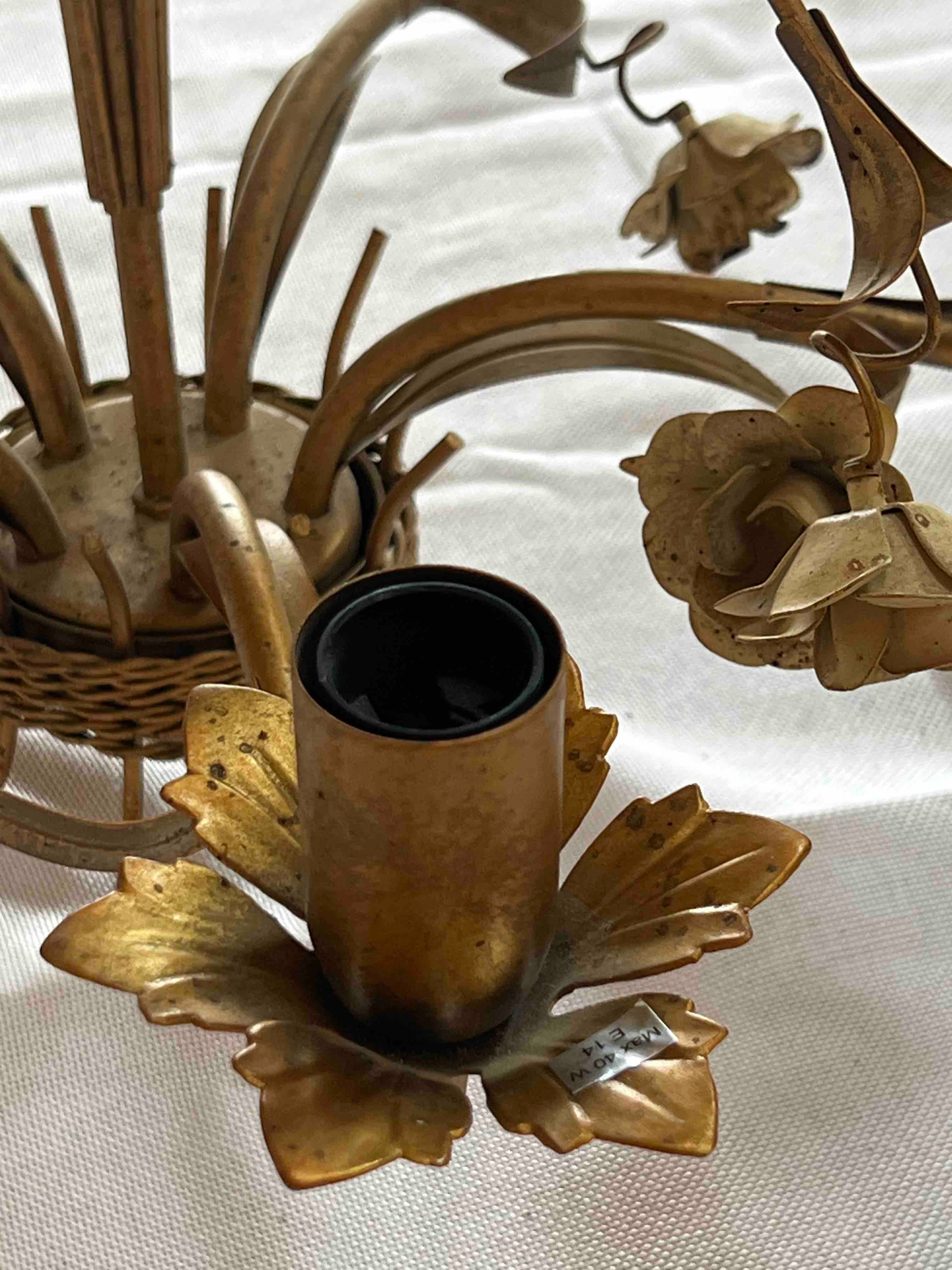 Italian golden metal chandelier with floral decoration, six lights, 1950s-60s.
