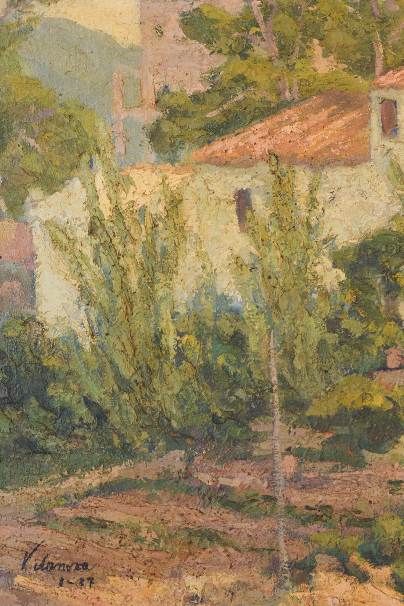 Impressionist painting of villas and garden