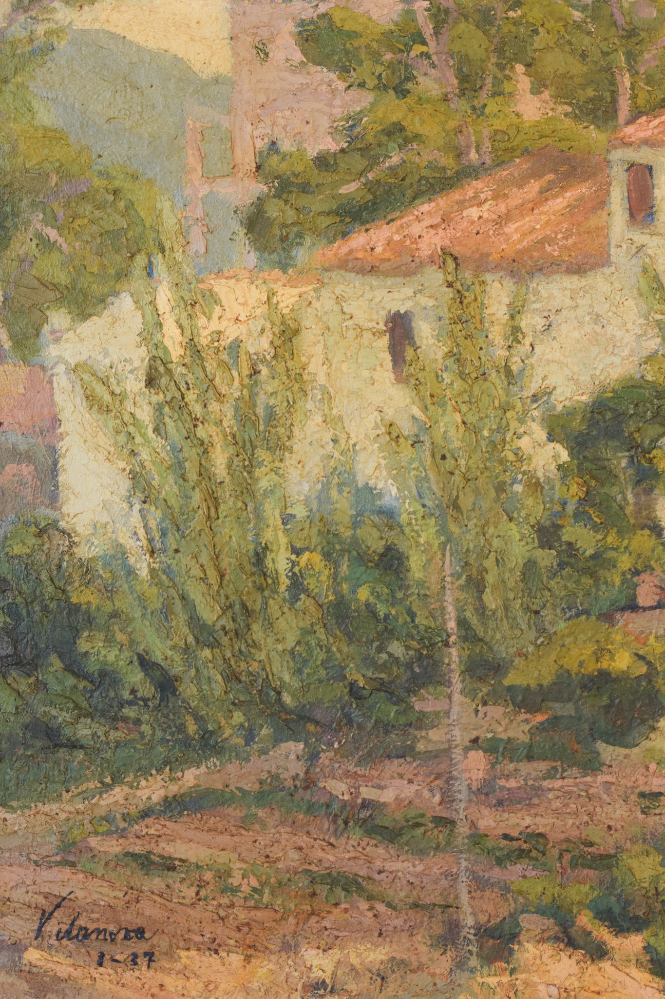 Impressionist painting of villas and garden
