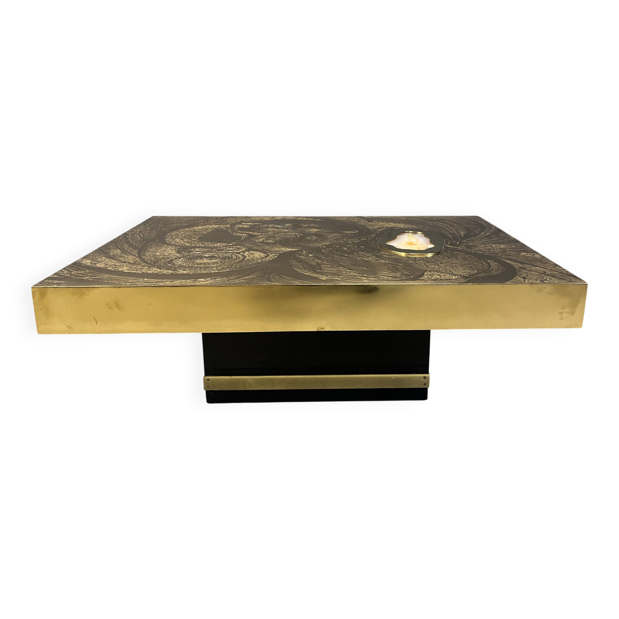 Etched brass and inlaid agate coffee table by Felix De Boussy, Belgium