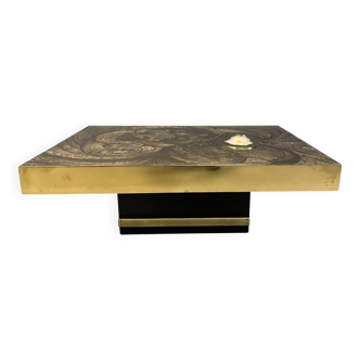 Etched brass and inlaid agate coffee table by Felix De Boussy, Belgium
