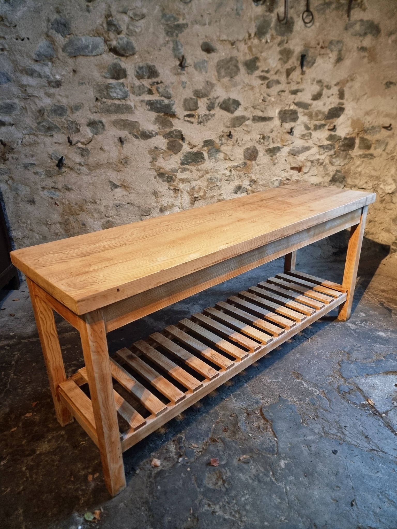 Old French baker's table – kitchen island / work table in solid chestnut with drawers.