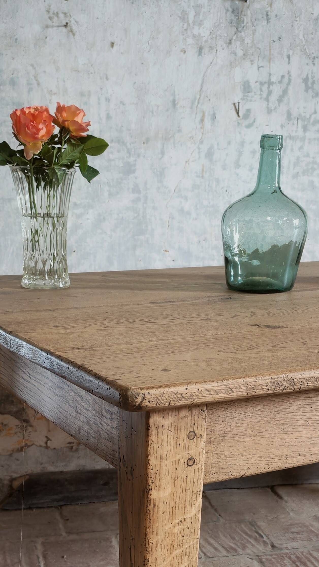 Solid oak farmhouse table "raw" 247x89, "chocolate oak" top