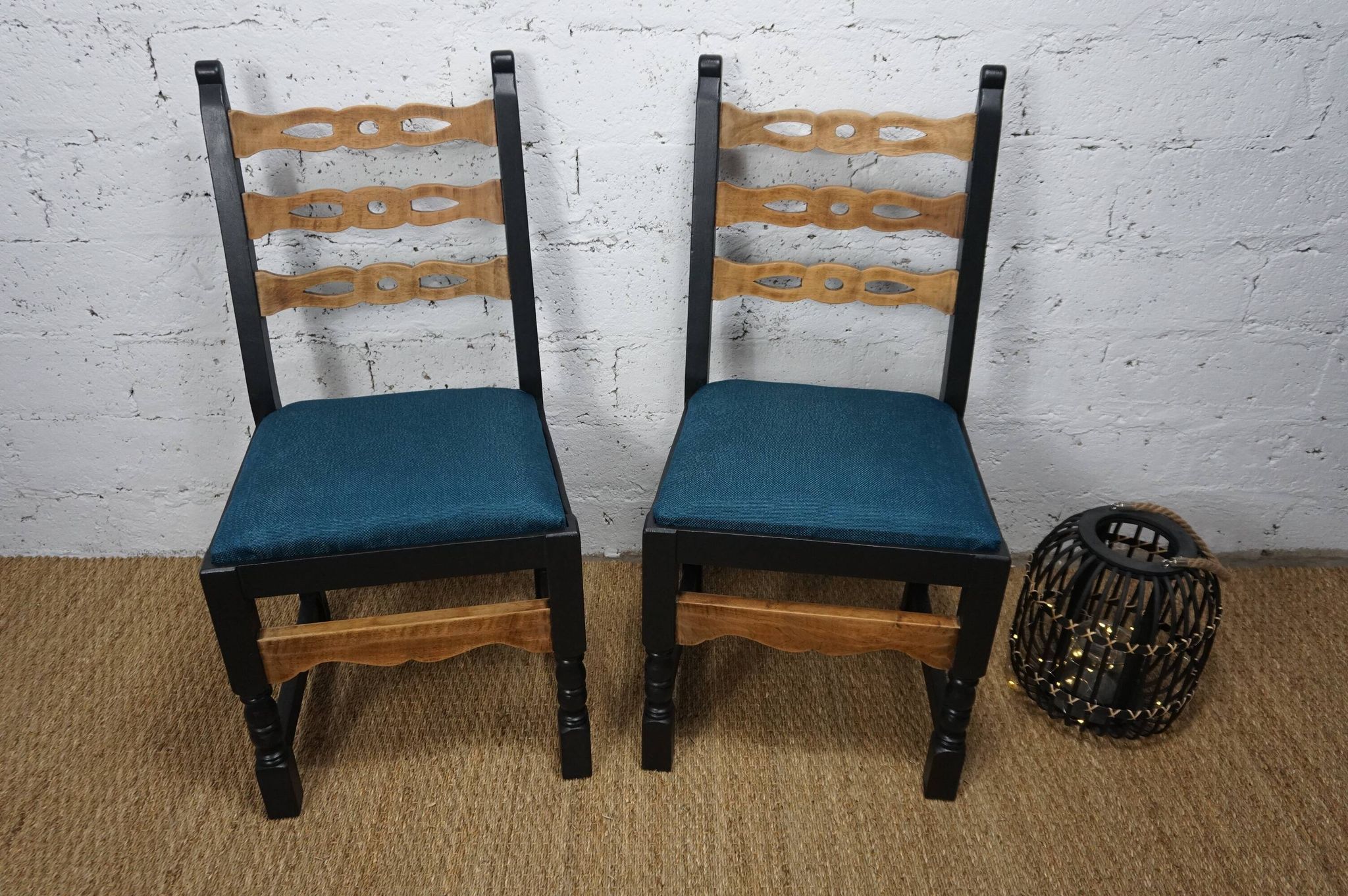 Pair of brutalist wooden chairs revamped in black, duck green fabric seat
