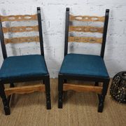 Pair of brutalist wooden chairs revamped in black, duck green fabric seat